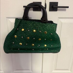 Green Woven Handbag with Gold Accents